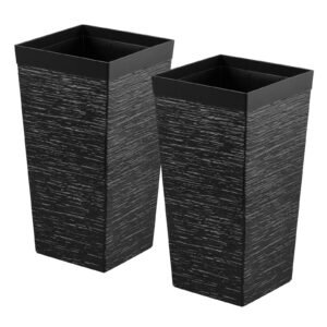 Tall Planters Set of 2, 23 Inch Large Outdoor Taper Planters for Outdoor Indoor Plants, Front Porch Plastic Modern Flower Pots with Casters, Inner Pot & Drainage Holes for Patio, Garden, Black