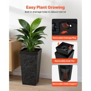 tall planters set of 2, 23 inch large outdoor taper planters for outdoor indoor plants, front porch plastic modern flower pots with casters, inner pot & drainage holes for patio, garden, black