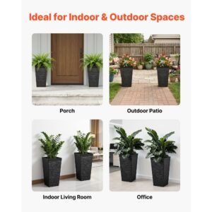 tall planters set of 2, 23 inch large outdoor taper planters for outdoor indoor plants, front porch plastic modern flower pots with casters, inner pot & drainage holes for patio, garden, black