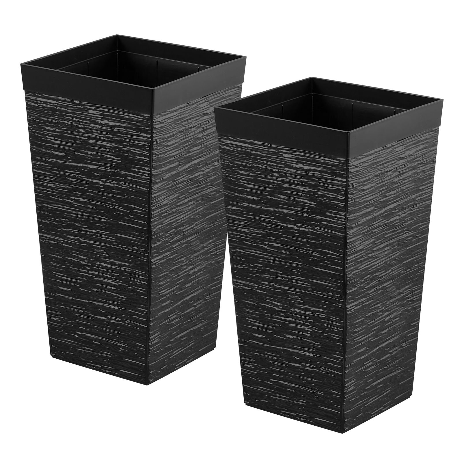 tall planters set of 2, 23 inch large outdoor taper planters for outdoor indoor plants, front porch plastic modern flower pots with casters, inner pot & drainage holes for patio, garden, black