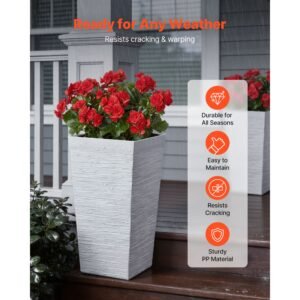 tall planters set of 2, 23 inch large outdoor taper planters for outdoor indoor plants, front porch plastic modern flower pots with casters, inner pot & drainage holes for patio, garden, white