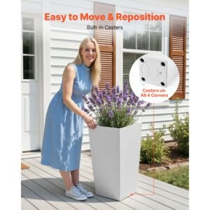 tall planters set of 2, 30 inch large outdoor taper planters for outdoor indoor plants, front porch plastic modern flower pots with casters, inner pot & drainage holes for patio, garden, white
