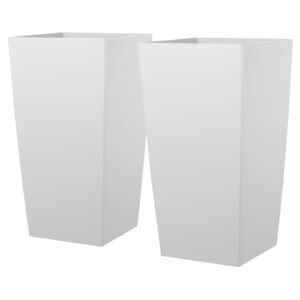 Tall Planters Set of 2, 30 Inch Large Outdoor Taper Planters for Outdoor Indoor Plants, Front Porch Plastic Modern Flower Pots with Casters, Inner Pot & Drainage Holes for Patio, Garden, White