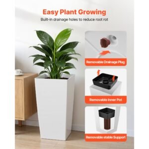 tall planters set of 2, 30 inch large outdoor taper planters for outdoor indoor plants, front porch plastic modern flower pots with casters, inner pot & drainage holes for patio, garden, white