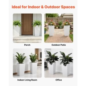 tall planters set of 2, 30 inch large outdoor taper planters for outdoor indoor plants, front porch plastic modern flower pots with casters, inner pot & drainage holes for patio, garden, white