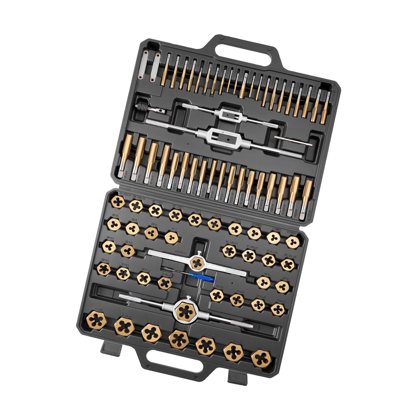 tap and die set, 86 piece metric and sae sizes m3 to m12, #4 to 5/8", with coarse and fine thread taps and dies, wrench, carrying case and complete accessories, for threading and rethreading