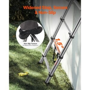 telescoping ladder, 8.5ft stainless steel lightweight extension ladder, multi button retraction collapsible ladders, 330lbs capacity & non slip feet, portable 9 step ladders for home, rv, loft