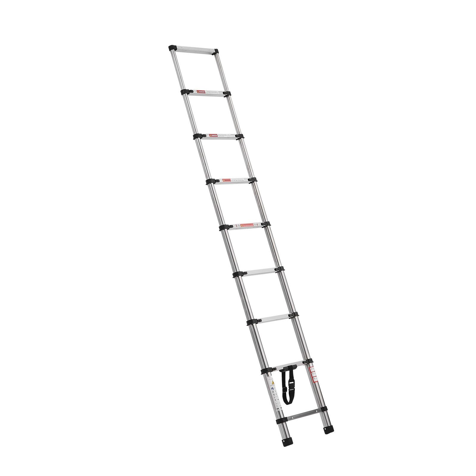 telescoping ladder, 8.5ft stainless steel lightweight extension ladder, multi button retraction collapsible ladders, 330lbs capacity & non slip feet, portable 9 step ladders for home, rv, loft
