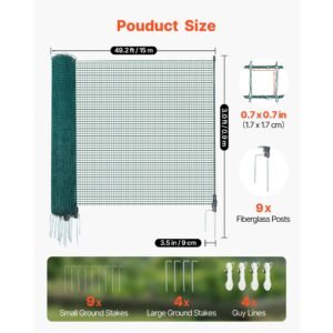 temporary fence with posts, 3 x 49.2 ft plastic mesh fencing, garden safety fences netting with double spike stakes & guy ropes, temporary fence for dogs, chickens, plants, outdoor yards