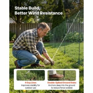 temporary fence with posts, 3 x 49.2 ft plastic mesh fencing, garden safety fences netting with double spike stakes & guy ropes, temporary fence for dogs, chickens, plants, outdoor yards