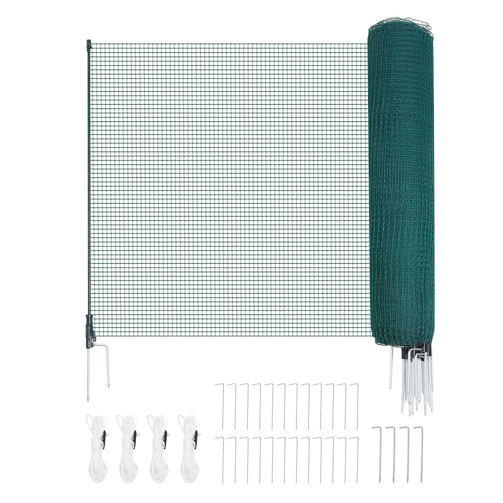 temporary fence with posts, 3 x 98.4 ft plastic mesh fencing, garden safety fences netting with double spike stakes & guy ropes, temporary fence for dogs, chickens, plants, outdoor yards