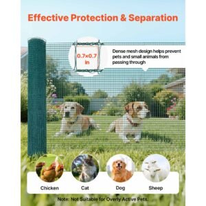 temporary fence with posts, 3.9 x 49.2 ft plastic mesh fencing, garden safety fences netting with double spike stakes & guy ropes, temporary fence for dogs, chickens, plants, outdoor yards