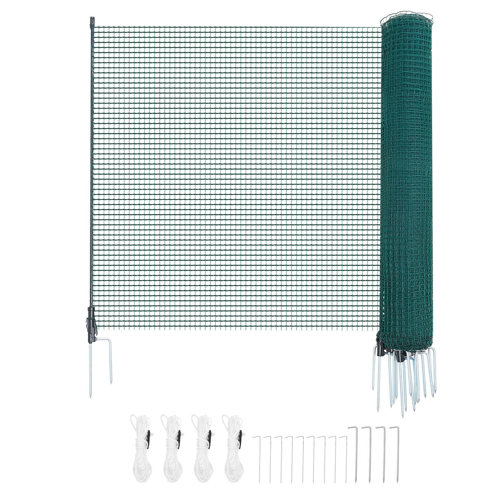 temporary fence with posts, 3.9 x 49.2 ft plastic mesh fencing, garden safety fences netting with double spike stakes & guy ropes, temporary fence for dogs, chickens, plants, outdoor yards