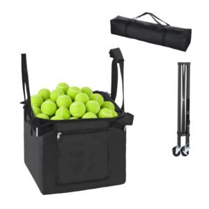 Tennis Ball Hopper, Holds 120 Tennis Balls, Foldable Pickleball Basket Cart with Wheels for Easy Pick Up, Lightweight Aluminum Alloy, Portable Pickleball Caddy with Storage Bag, for Training
