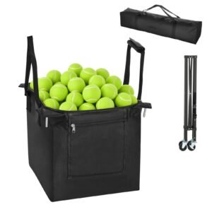 Tennis Ball Hopper, Holds 150 Tennis Balls, Foldable Pickleball Basket Cart with Wheels for Easy Pick Up, Lightweight Aluminum Alloy, Portable Pickleball Caddy with Storage Bag, for Training