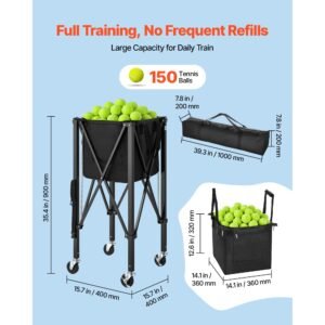 tennis ball hopper, holds 150 tennis balls, foldable pickleball basket cart with wheels for easy pick up, lightweight aluminum alloy, portable pickleball caddy with storage bag, for training