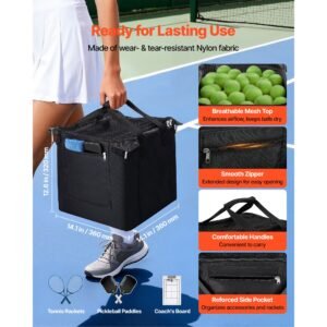 tennis ball hopper, holds 150 tennis balls, foldable pickleball basket cart with wheels for easy pick up, lightweight aluminum alloy, portable pickleball caddy with storage bag, for training