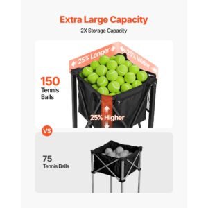 tennis ball hopper, holds 150 tennis balls, foldable pickleball basket cart with wheels for easy pick up, lightweight aluminum alloy, portable pickleball caddy with storage bag, for training