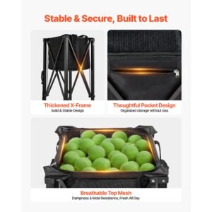 tennis ball hopper, holds 150 tennis balls, foldable pickleball basket cart with wheels for easy pick up, lightweight aluminum alloy, portable pickleball caddy with storage bag, for training