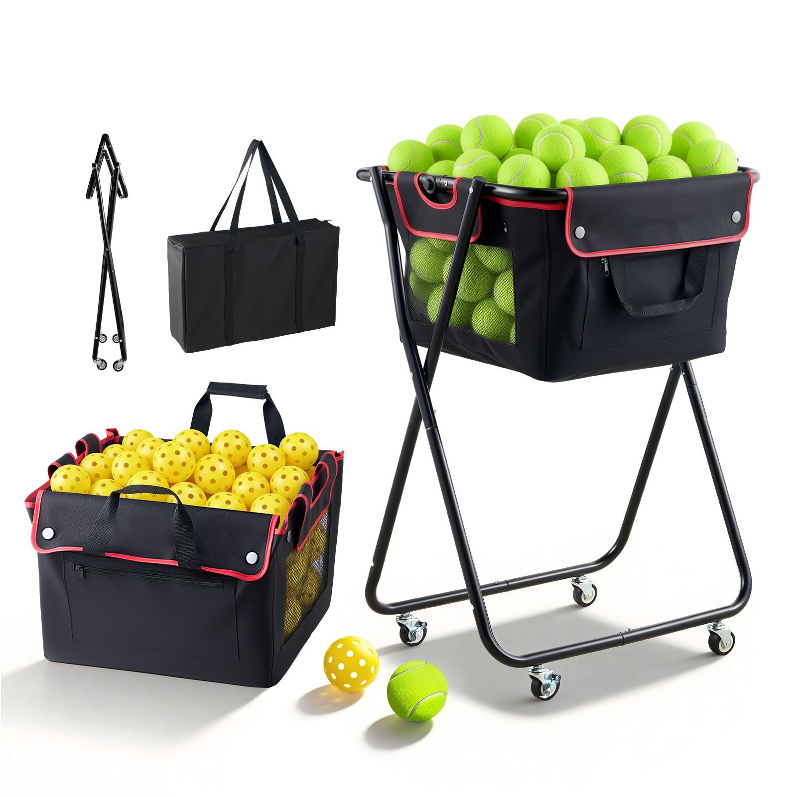 tennis ball hopper, holds 175 tennis balls or 290 pickleballs, foldable pickleball basket cart with wheels for easy pick up, portable baseball cart caddy with storage bag, for training coaching