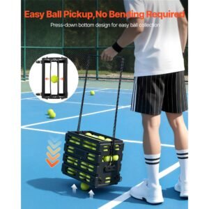 tennis ball hopper, holds 80 tennis balls, pickleball basket cart with wheels for easy pick up, portable pickleball collection caddy with heavy duty construction, for training carrying storage