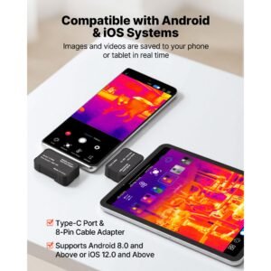 thermal imaging camera for android & ios, 512 x 384 super resolution, 25hz refresh rate infrared thermal imager for smartphones tablets, 256 x 192 ir resolution, 4°f 1022°f & 6 color palettes
