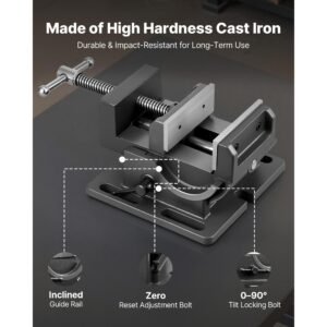 tilting vise, 4.25 inch jaw width, portable drill press bench vise, 0–90° adjustable tilt, durable cast iron construction, workbench vice for woodworking, for benchtops and drill presses, black