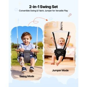 toddler swing and jumper, 2 in 1 swing set and bouncer, soft cushion with foldable a frame metal stand, heavy duty thick ropes, easy to install and store, for indoor or outdoor play, black