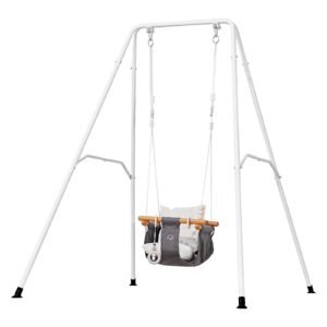 Toddler Swing and Jumper, 2 in 1 Swing Set and Bouncer, Soft Cushion with Foldable A-Frame Metal Stand, Heavy-Duty Thick Ropes, Easy to Install and Store, for Indoor or Outdoor Play, Black