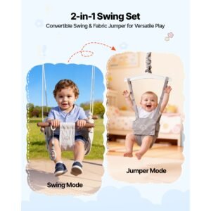 toddler swing and jumper, 2 in 1 swing set and bouncer, soft cushion with foldable a frame metal stand, heavy duty thick ropes, easy to install and store, for indoor or outdoor play, gray