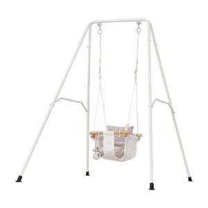 Toddler Swing and Jumper, 2 in 1 Swing Set and Bouncer, Soft Cushion with Foldable A-Frame Metal Stand, Heavy-Duty Thick Ropes, Easy to Install and Store, for Indoor or Outdoor Play, Gray
