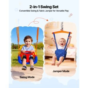 toddler swing and jumper, 2 in 1 swing set and bouncer, thick plastic seat with foldable a frame metal stand, reinforced with 4 sandbags, easy to install and store, for indoor or outdoor play