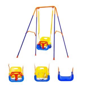Toddler Swing and Jumper, 2 in 1 Swing Set and Bouncer, Thick Plastic Seat with Foldable A-Frame Metal Stand, Reinforced with 4 Sandbags, Easy to Install and Store, for Indoor or Outdoor Play