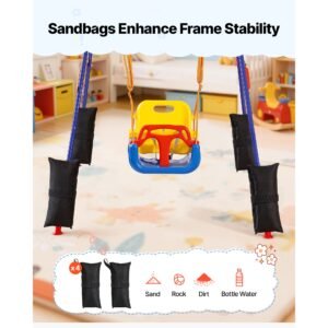 toddler swing and jumper, 2 in 1 swing set and bouncer, thick plastic seat with foldable a frame metal stand, reinforced with 4 sandbags, easy to install and store, for indoor or outdoor play