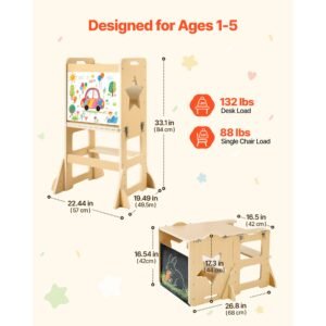toddler tower, wooden, 4 in 1 kitchen step stool for kids 1 5, montessori weaning table and chair set, learning standing tower with chalkboard, easy to clean, for bathroom and kitchen counter