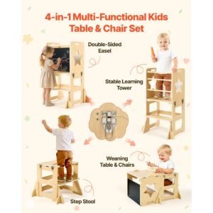 toddler tower, wooden, 4 in 1 kitchen step stool for kids 1 5, montessori weaning table and chair set, learning standing tower with chalkboard, easy to clean, for bathroom and kitchen counter