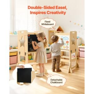 toddler tower, wooden, 4 in 1 kitchen step stool for kids 1 5, montessori weaning table and chair set, learning standing tower with chalkboard, easy to clean, for bathroom and kitchen counter