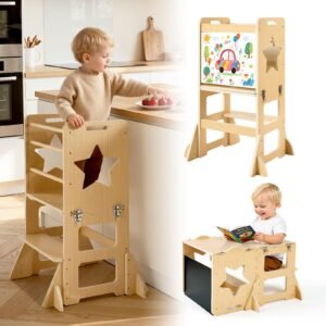 Toddler Tower, Wooden, 4 in 1 Kitchen Step Stool for Kids 1-5, Montessori Weaning Table and Chair Set, Learning Standing Tower with Chalkboard, Easy to Clean, for Bathroom and Kitchen Counter