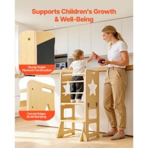 toddler tower, wooden, 4 in 1 kitchen step stool for kids 1 5, montessori weaning table and chair set, learning standing tower with chalkboard, easy to clean, for bathroom and kitchen counter