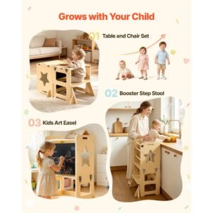 toddler tower, wooden, 4 in 1 kitchen step stool for kids 1 5, montessori weaning table and chair set, learning standing tower with chalkboard, easy to clean, for bathroom and kitchen counter