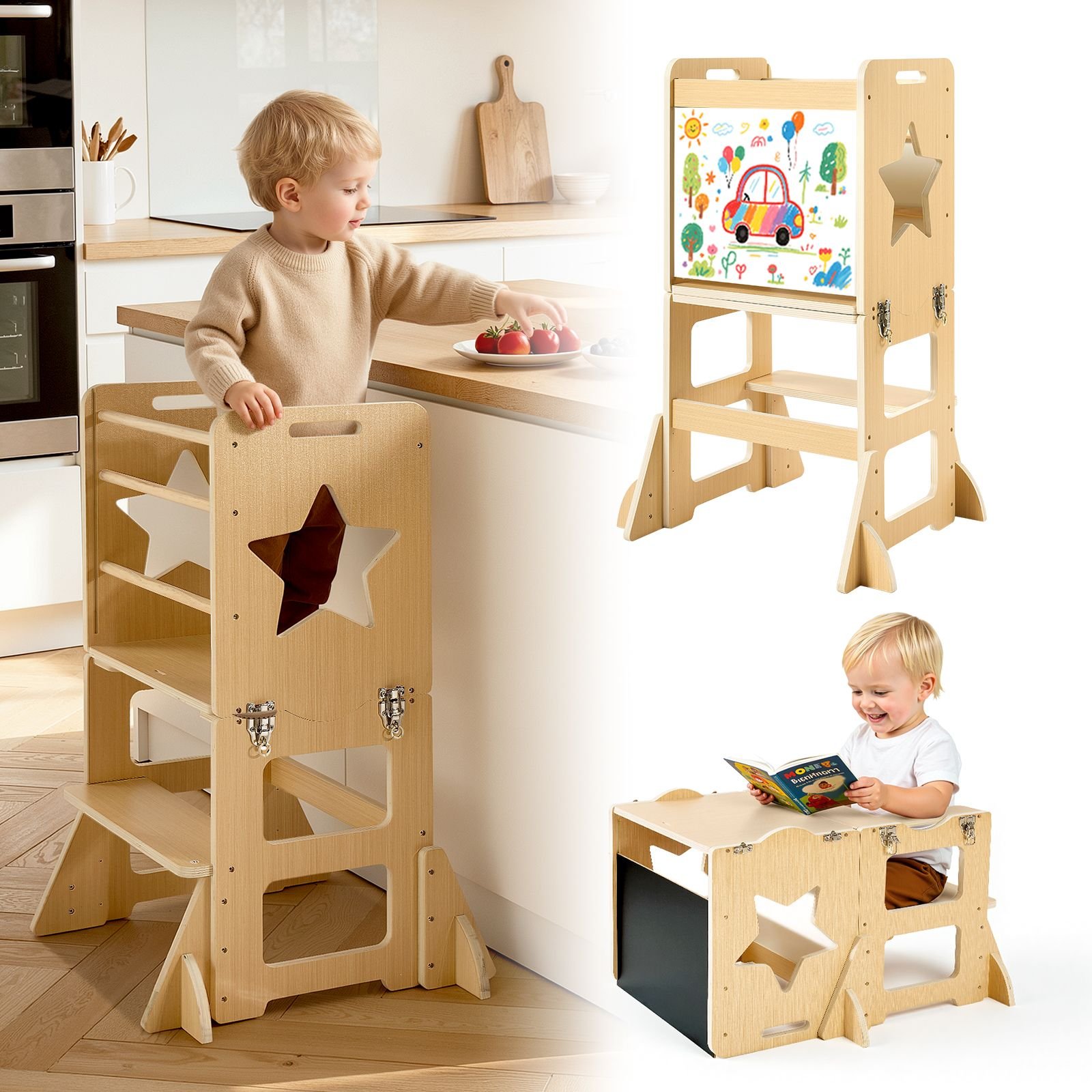 toddler tower, wooden, 4 in 1 kitchen step stool for kids 1 5, montessori weaning table and chair set, learning standing tower with chalkboard, easy to clean, for bathroom and kitchen counter