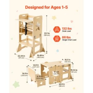 toddler tower, wooden, 6 in 1 kitchen step stool for kids 1 5, montessori weaning table and chair set, learning standing tower with blackboard & feeding tray, for bathroom and kitchen counter