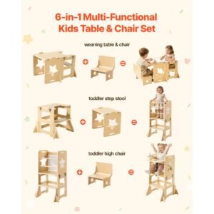 toddler tower, wooden, 6 in 1 kitchen step stool for kids 1 5, montessori weaning table and chair set, learning standing tower with blackboard & feeding tray, for bathroom and kitchen counter