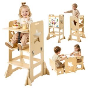 Toddler Tower, Wooden, 6 in 1 Kitchen Step Stool for Kids 1-5, Montessori Weaning Table and Chair Set, Learning Standing Tower with Blackboard & Feeding Tray, for Bathroom and Kitchen Counter