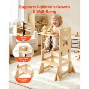 toddler tower, wooden, 6 in 1 kitchen step stool for kids 1 5, montessori weaning table and chair set, learning standing tower with blackboard & feeding tray, for bathroom and kitchen counter