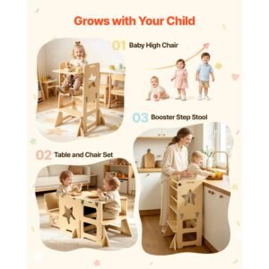 toddler tower, wooden, 6 in 1 kitchen step stool for kids 1 5, montessori weaning table and chair set, learning standing tower with blackboard & feeding tray, for bathroom and kitchen counter