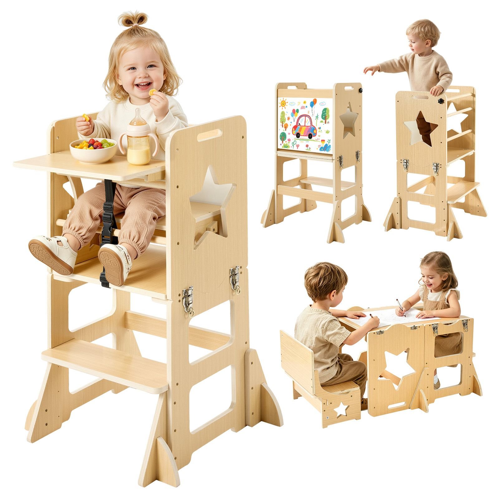 toddler tower, wooden, 6 in 1 kitchen step stool for kids 1 5, montessori weaning table and chair set, learning standing tower with blackboard & feeding tray, for bathroom and kitchen counter