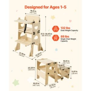 toddler tower, wooden, adjustable kitchen step stool for kids 1 5, montessori weaning table and chair set, learning standing tower with chalkboard, backrest, for bathroom and kitchen counter