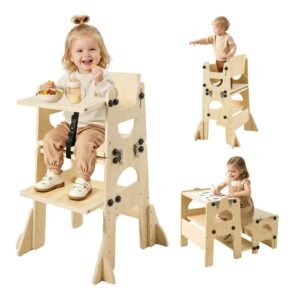 Toddler Tower, Wooden, Adjustable Kitchen Step Stool for Kids 1-5, Montessori Weaning Table and Chair Set, Learning Standing Tower with Chalkboard, Backrest, for Bathroom and Kitchen Counter