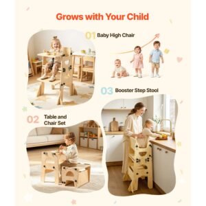 toddler tower, wooden, adjustable kitchen step stool for kids 1 5, montessori weaning table and chair set, learning standing tower with chalkboard, backrest, for bathroom and kitchen counter